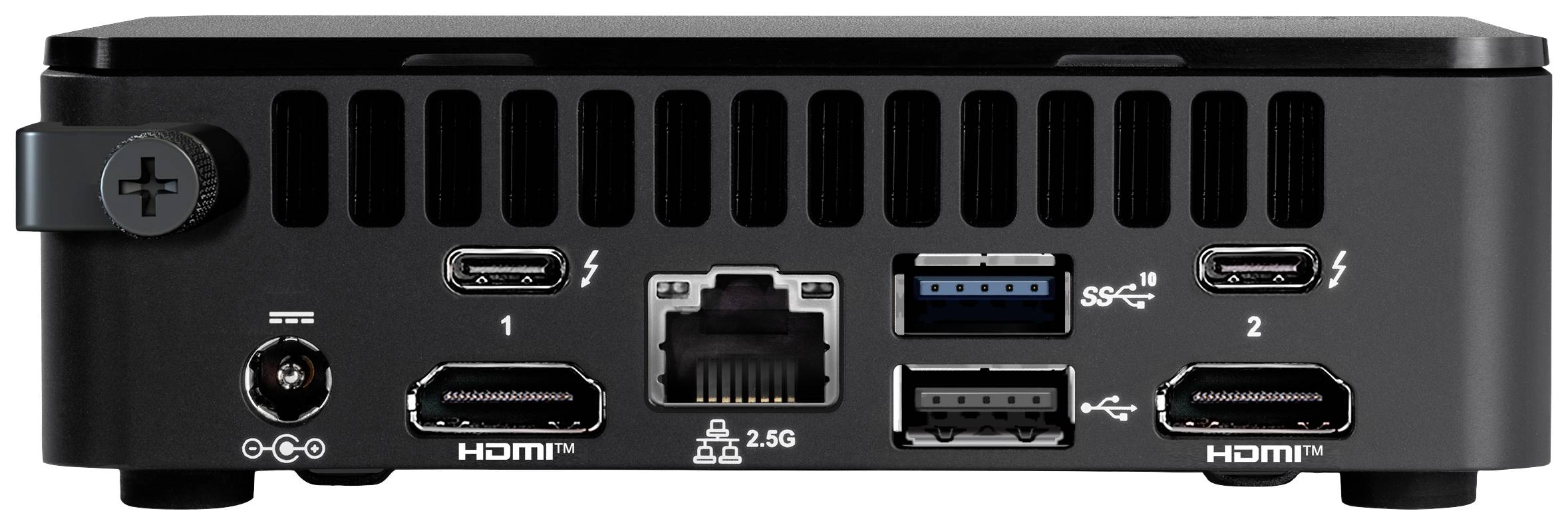 Czarny mini-komputer z portami na tylnej ściance, w tym zasilanie, HDMI, Ethernet, USB i Thunderbolt.