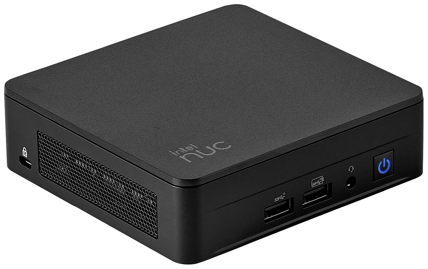 Kompaktowy czarny komputer, znany jako Intel NUC, z dwoma portami USB i włącznikiem sieciowym z przodu.