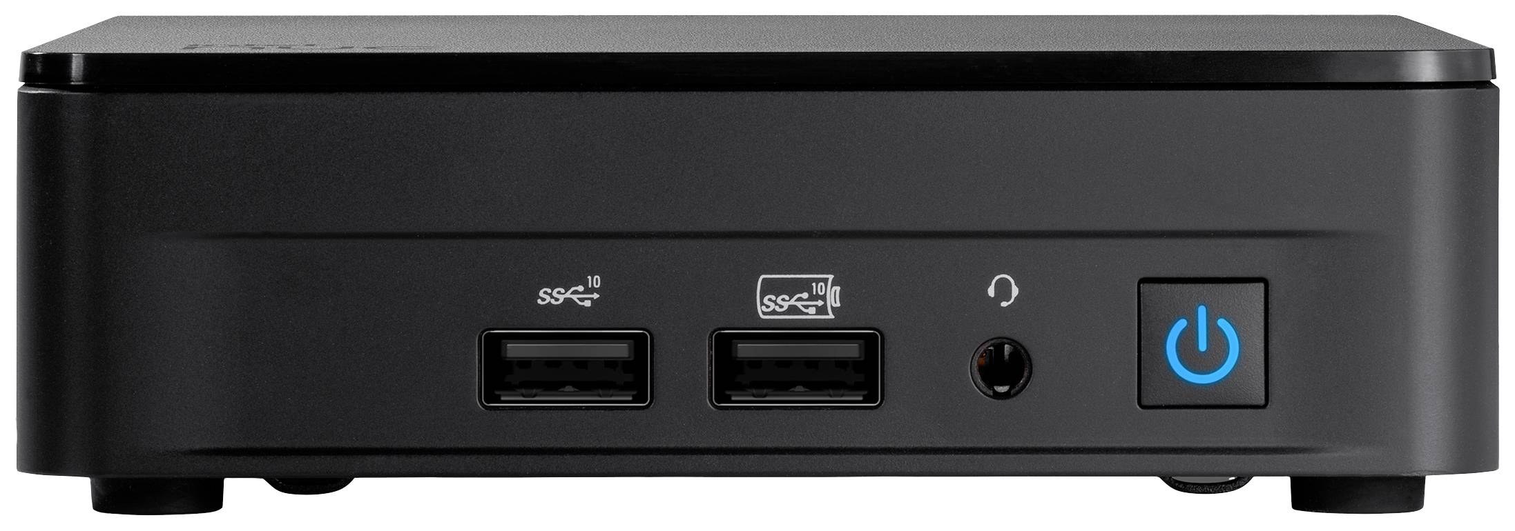 Kompaktowy, czarny mini komputer z dwoma portami USB, gniazdem audio i niebieskim przełącznikiem zasilania z przodu.