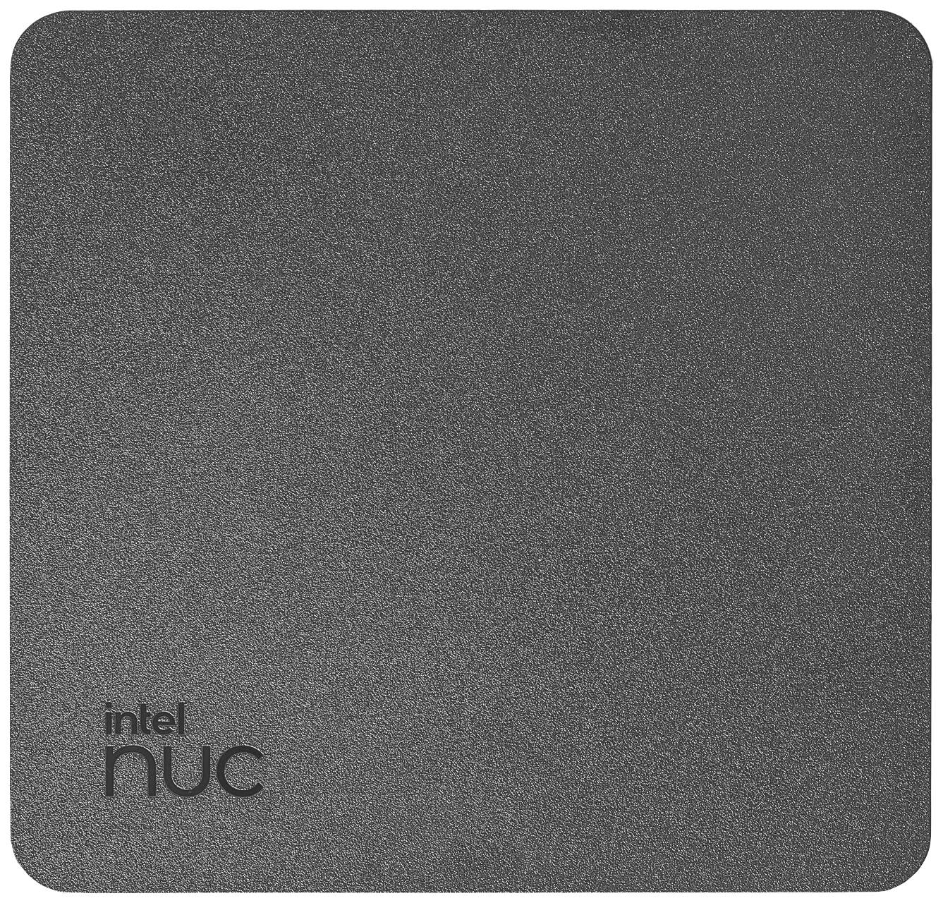 Szary pudełko z napisem 'intel nuc' w lewym dolnym rogu.