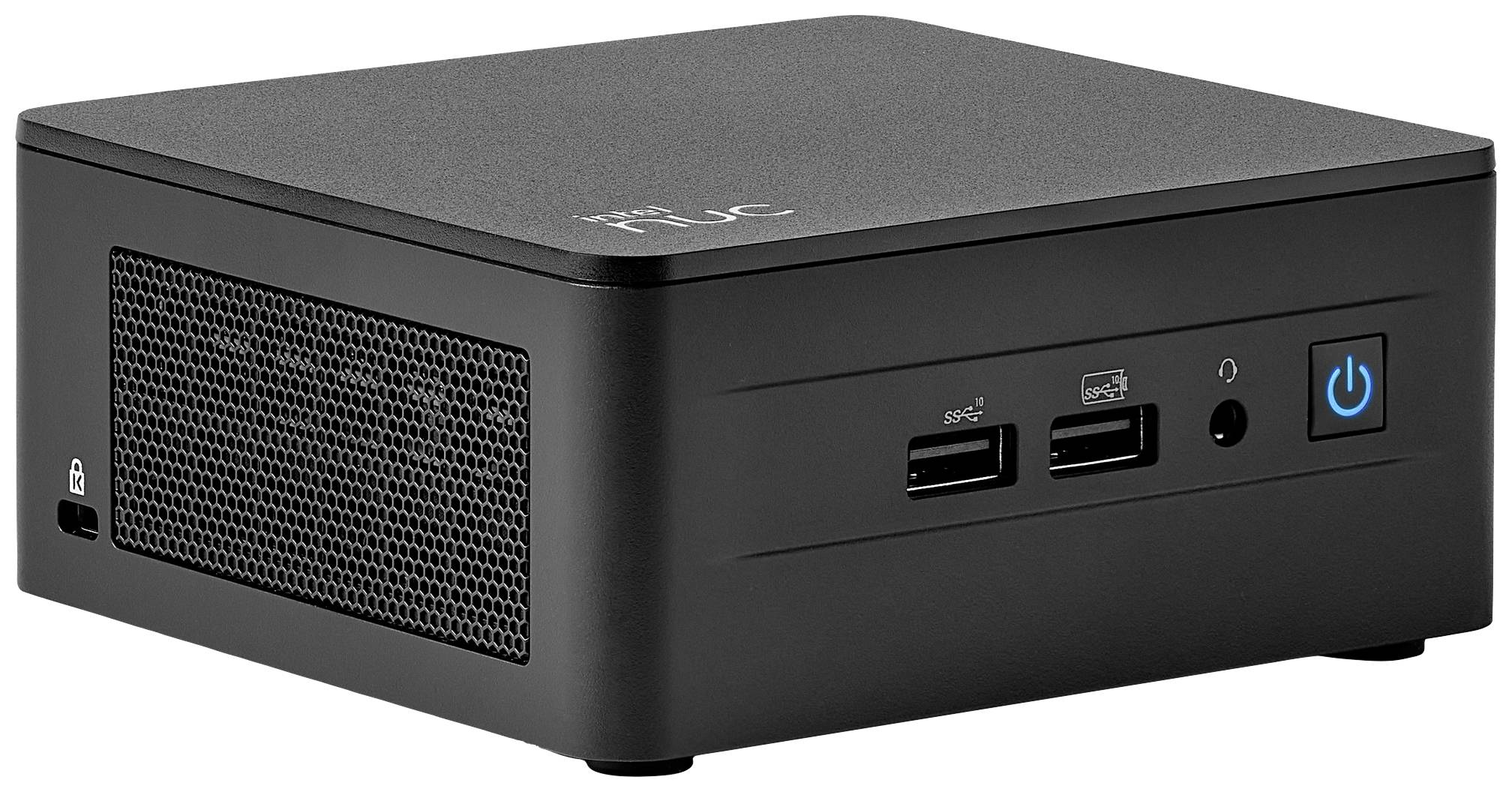 Czarny mini-komputer z dwoma portami USB, wejściem na słuchawki i włącznikiem sieciowym na przedniej ściance. Urządzenie ma kompaktową, prostokątną budowę.