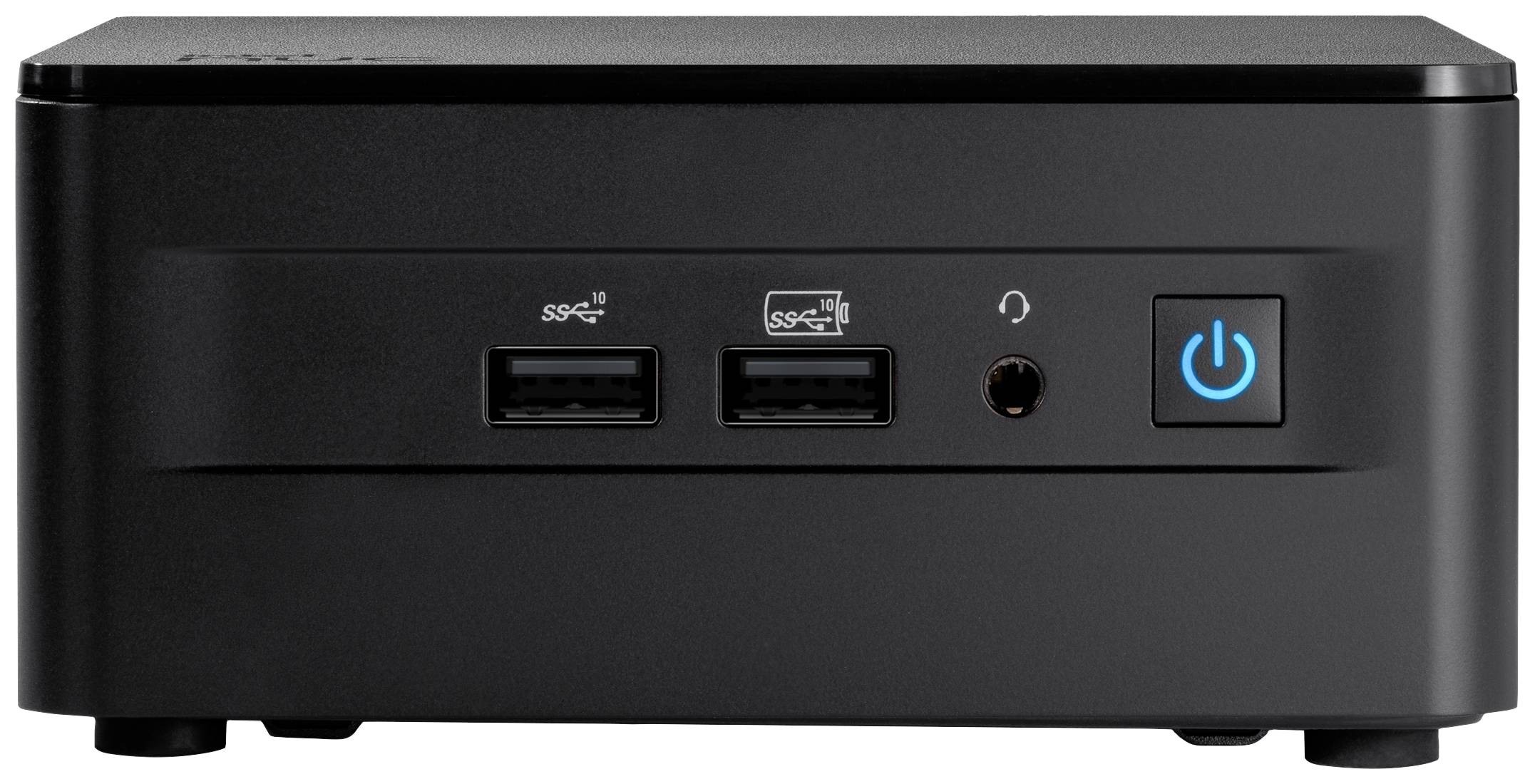 Kompaktowy, czarny mini-komputer z dwoma portami USB, gniazdem słuchawkowym oraz podświetlanym przyciskiem zasilania z przodu obudowy.