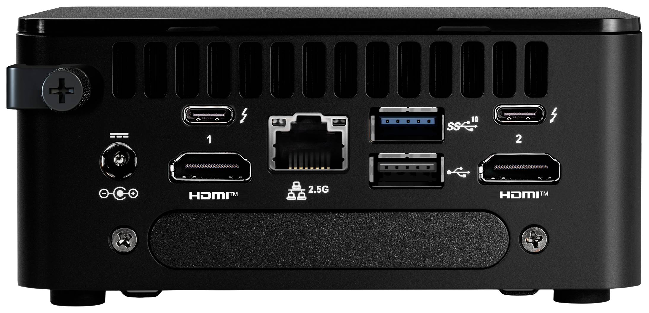 Widok z tyłu czarnego mini-komputera z wieloma portami, w tym HDMI, USB, Ethernet i Thunderbolt.