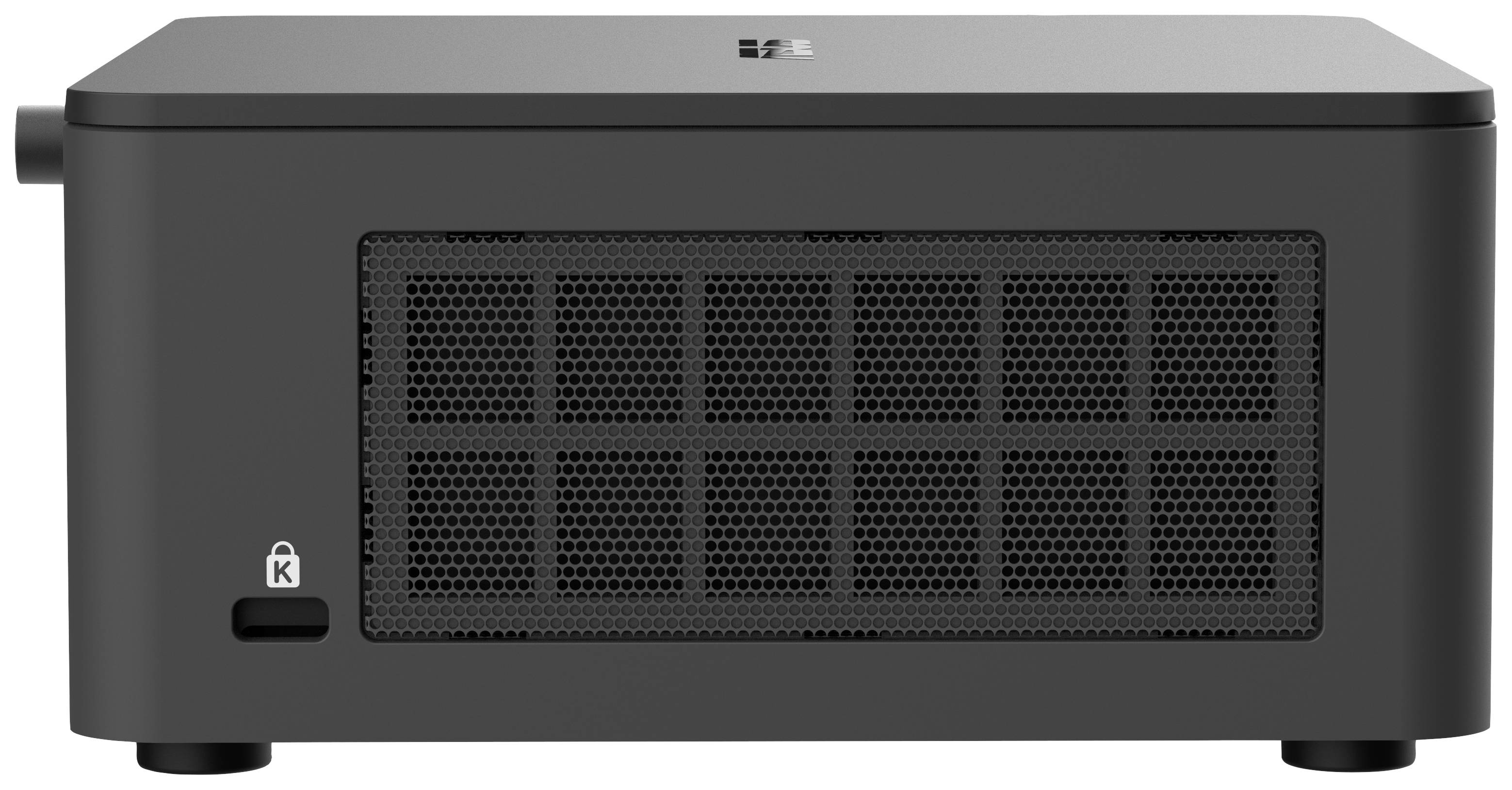 Czarny elektroniczny sprzęt z siateczkowym wzorem na przedniej części i przełącznikiem w lewym dolnym rogu.
