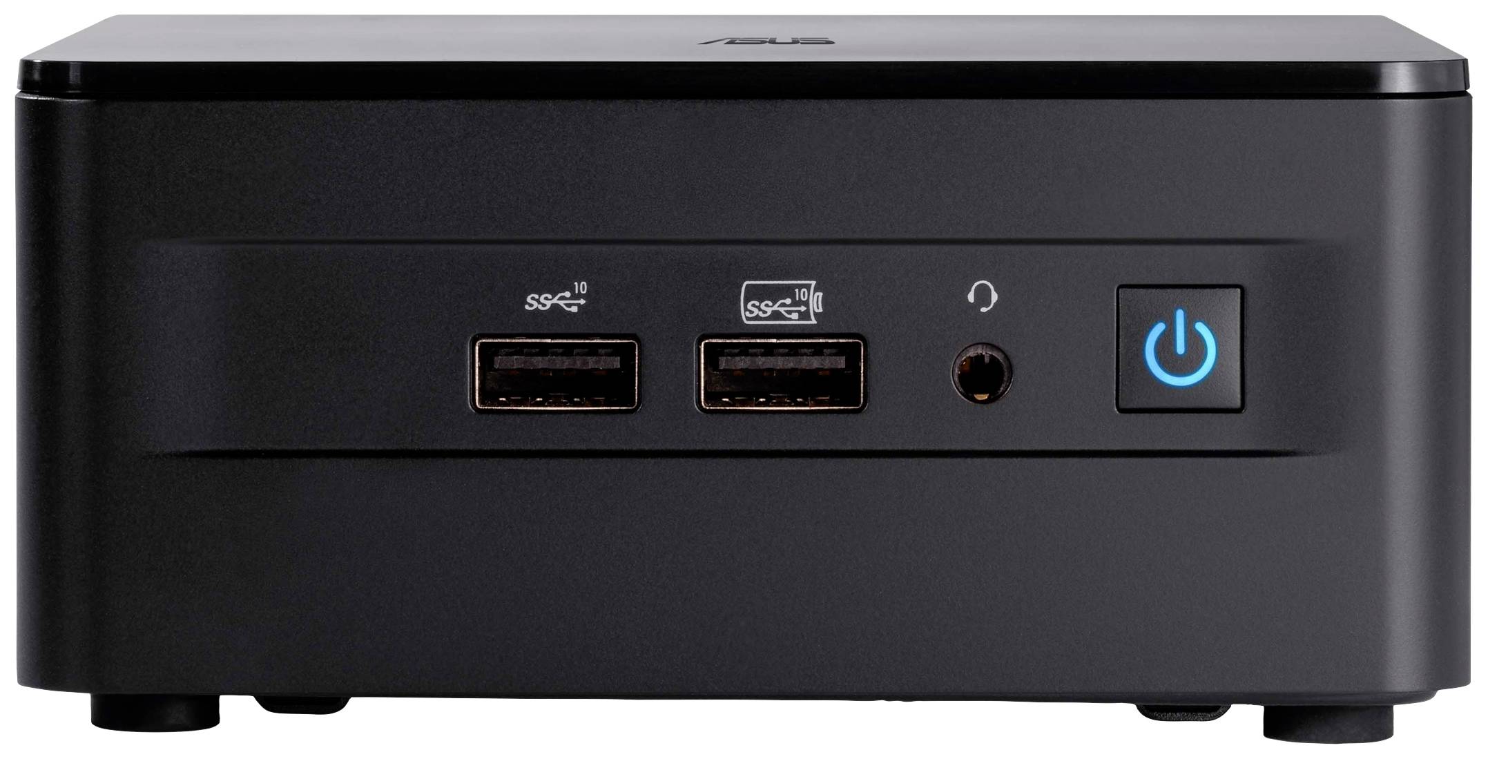 Czarny mini-komputer z dwoma portami USB, gniazdem słuchawkowym oraz niebieskim przełącznikiem zasilania na przedniej ściance.