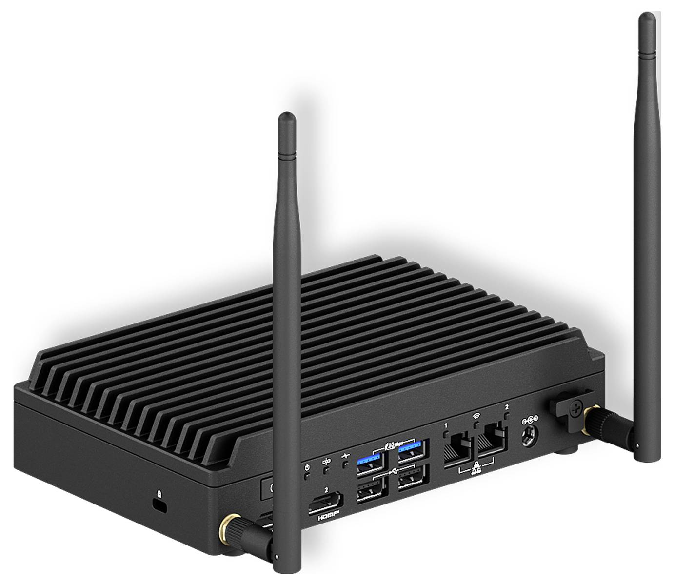 Czarny router z dwiema antenami i kilkoma portami na przedniej ściance. Idealny do sieci domowych lub biurowych.