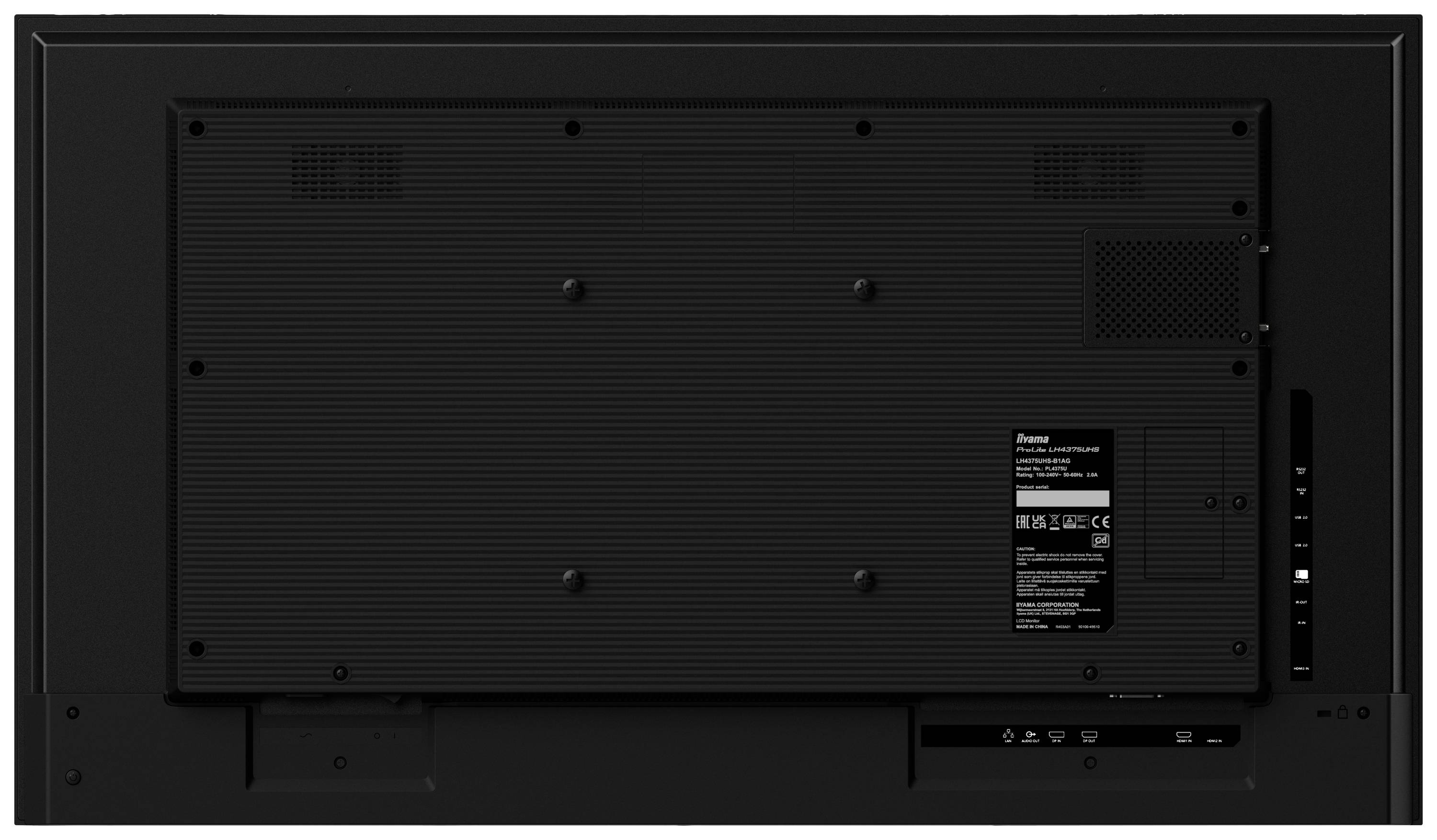 Tylna część czarnego monitora z wieloma złączami i naklejką z danymi technicznymi. Bez widocznych przewodów.