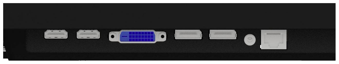 Tylna strona monitora z różnymi złączami: dwa porty HDMI, jeden port DVI, jeden DisplayPort, jeden port Ethernet, jeden złącz słuchawkowy.