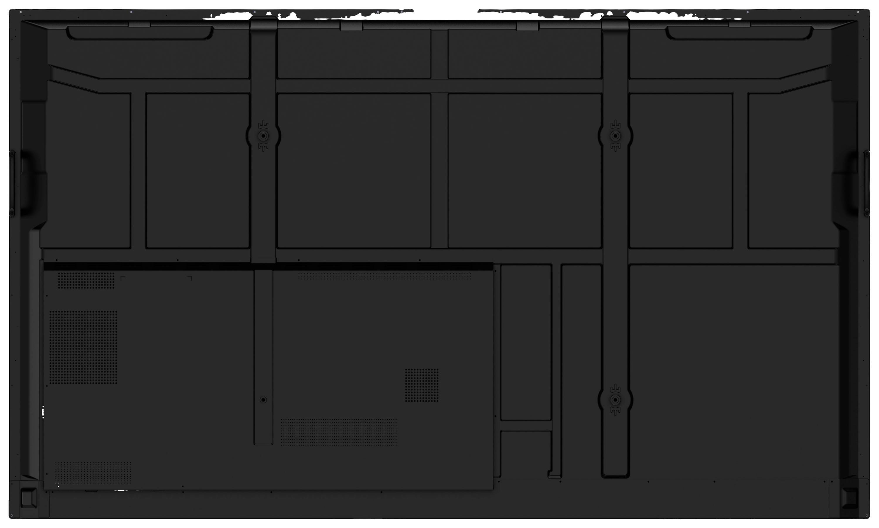 Tylna strona dużego telewizora płaskiego z widocznymi szynami montażowymi i gniazdami przyłączeniowymi.