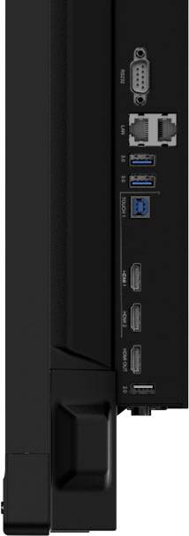 Tylna strona czarnego monitora z wieloma portami: USB, HDMI, LAN, VGA oraz zasilaniem.