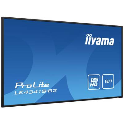 Niebieski ekran z napisem 'iiyama ProLite LE4341S-B2'. Wyświetla symbole Full HD i 18/7.