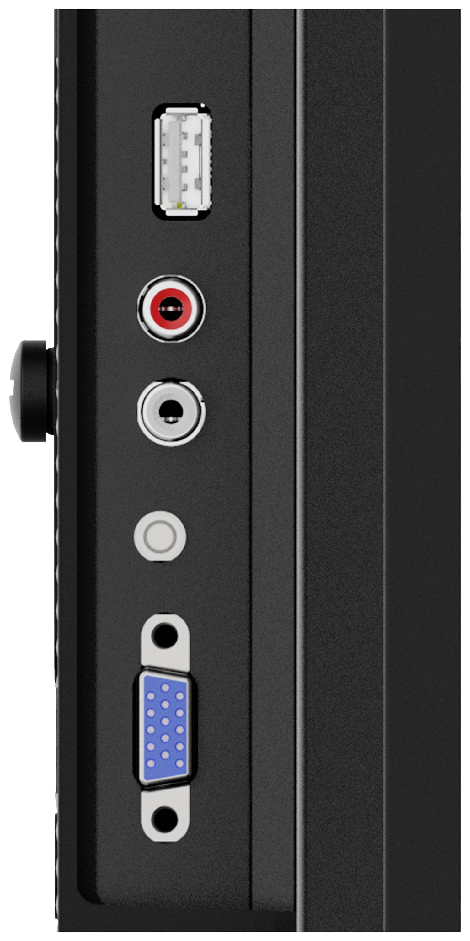 Widok z boku komputera z portami: USB, czerwone i białe wejścia audio, VGA.