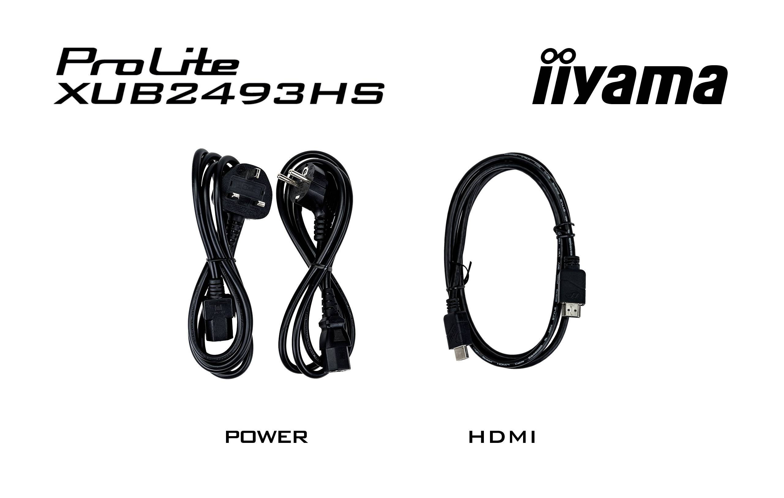 Akcesoria monitora 'ProLite XUB2493HS': Dwa kable po lewej stronie oznaczone jako 'POWER' oraz jeden kabel po prawej stronie oznaczony jako 'HDMI'. Na górze logo 'iiyama'.