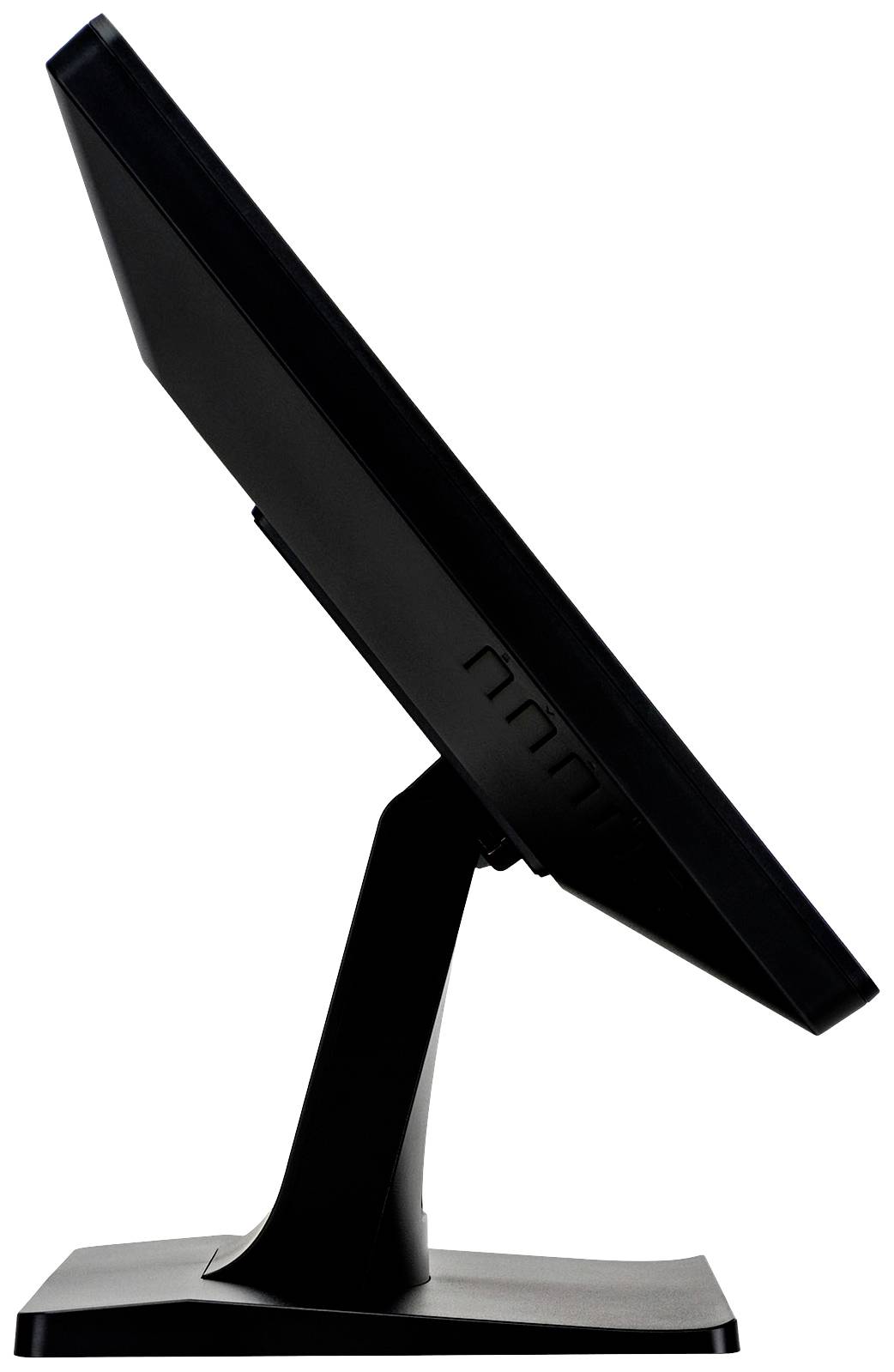 Widok z boku czarnego ekranu komputerowego na stojaku, lekko pochylony do tyłu.