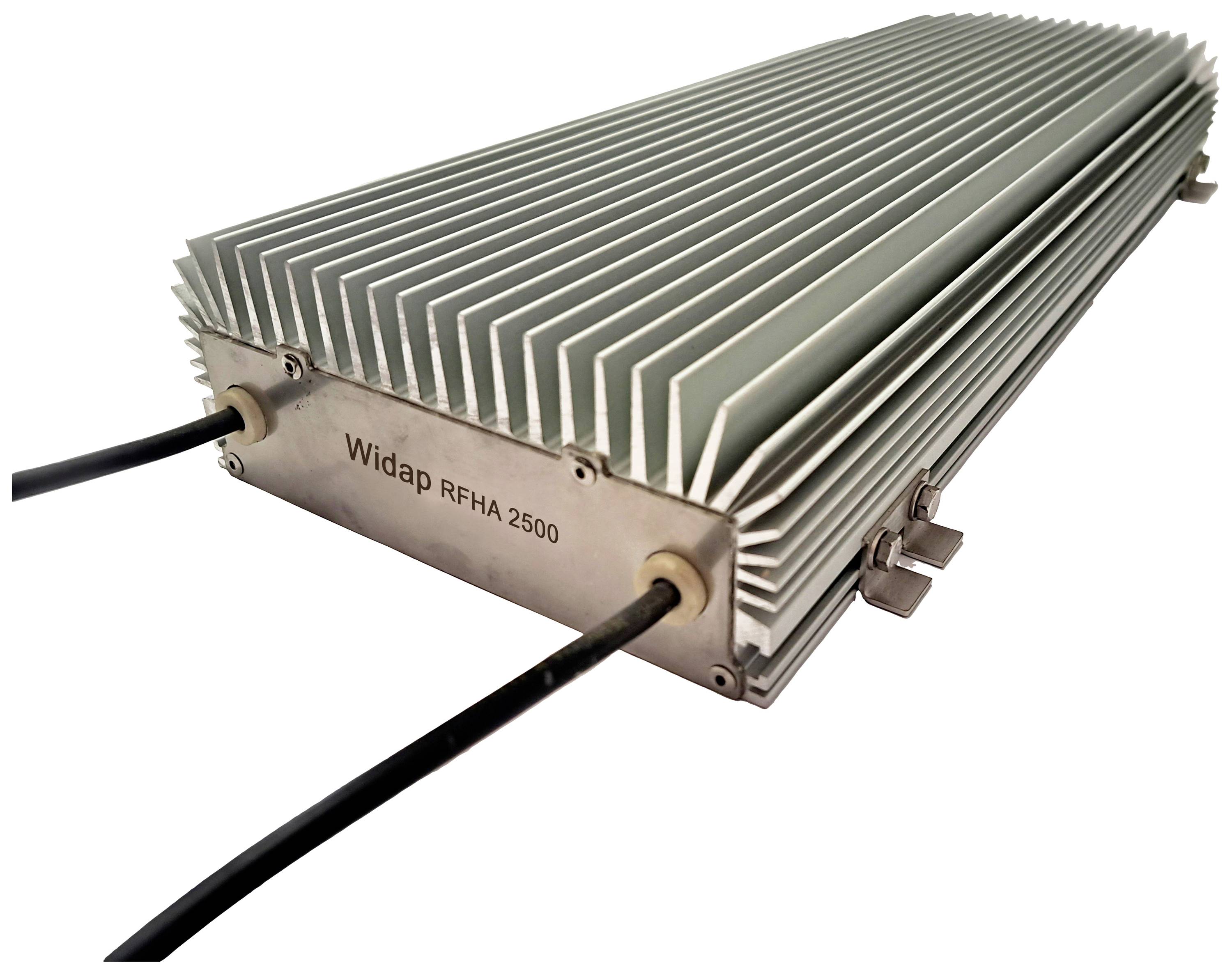 Prostokątny radiator z metalowymi żeberkami, oznaczony napisem 'Widap RFHA 2500', wyposażony w dwa podłączone kable.