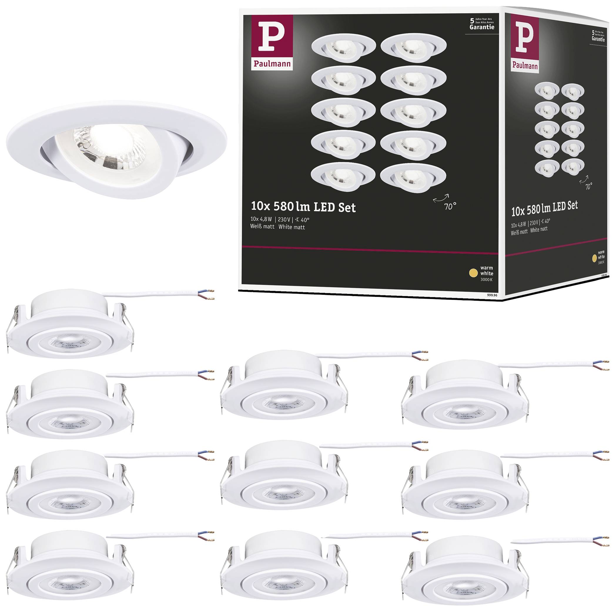 Zestaw 'Paulmann 10x 580 lm LED' prezentuje dziesięć okrągłych, białych opraw LED przed opakowaniem produktu.