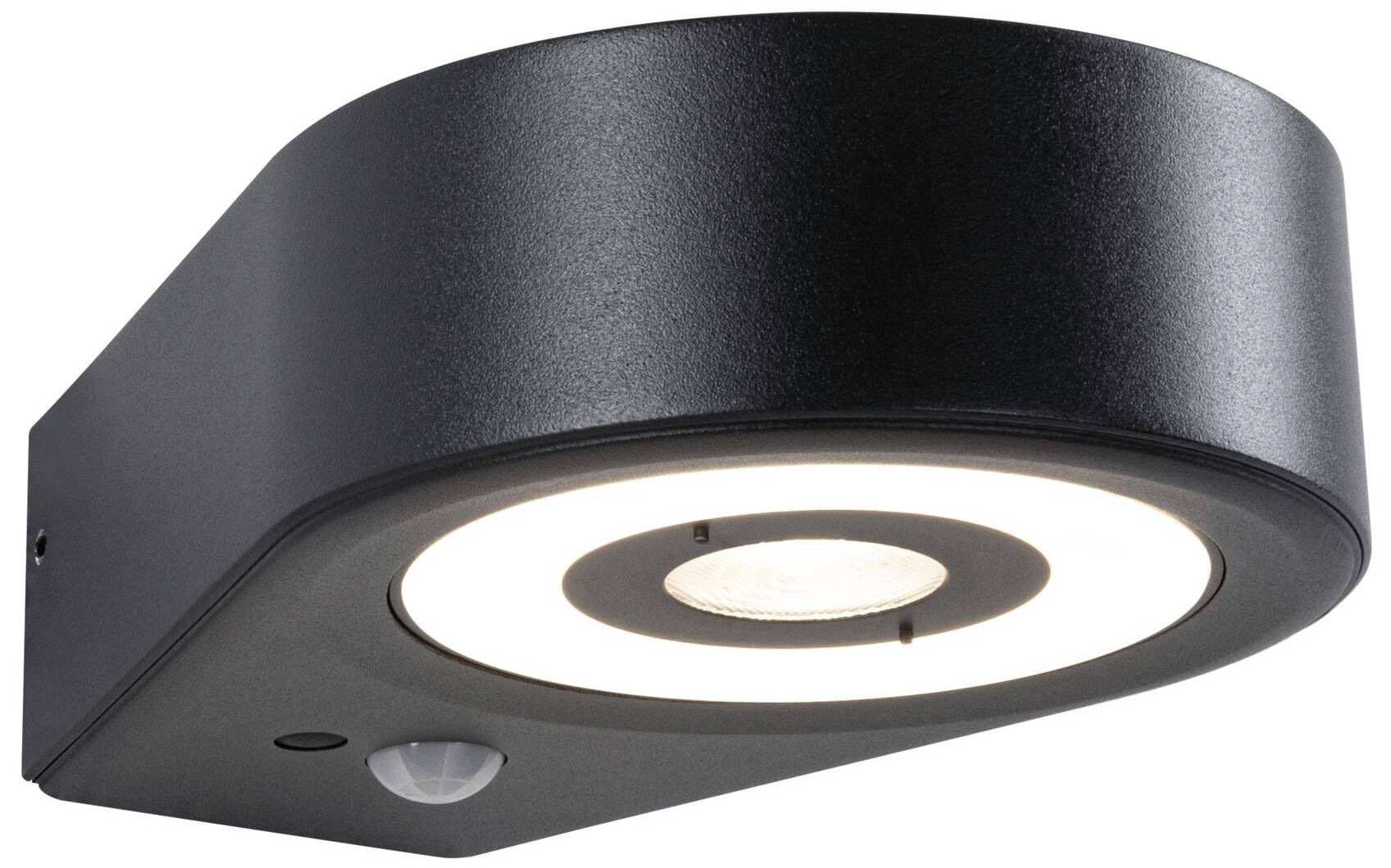 Czarna lampa ścienna do użytku na zewnątrz z wbudowanym czujnikiem ruchu i okrągłym źródłem światła LED, świecącym w dół.