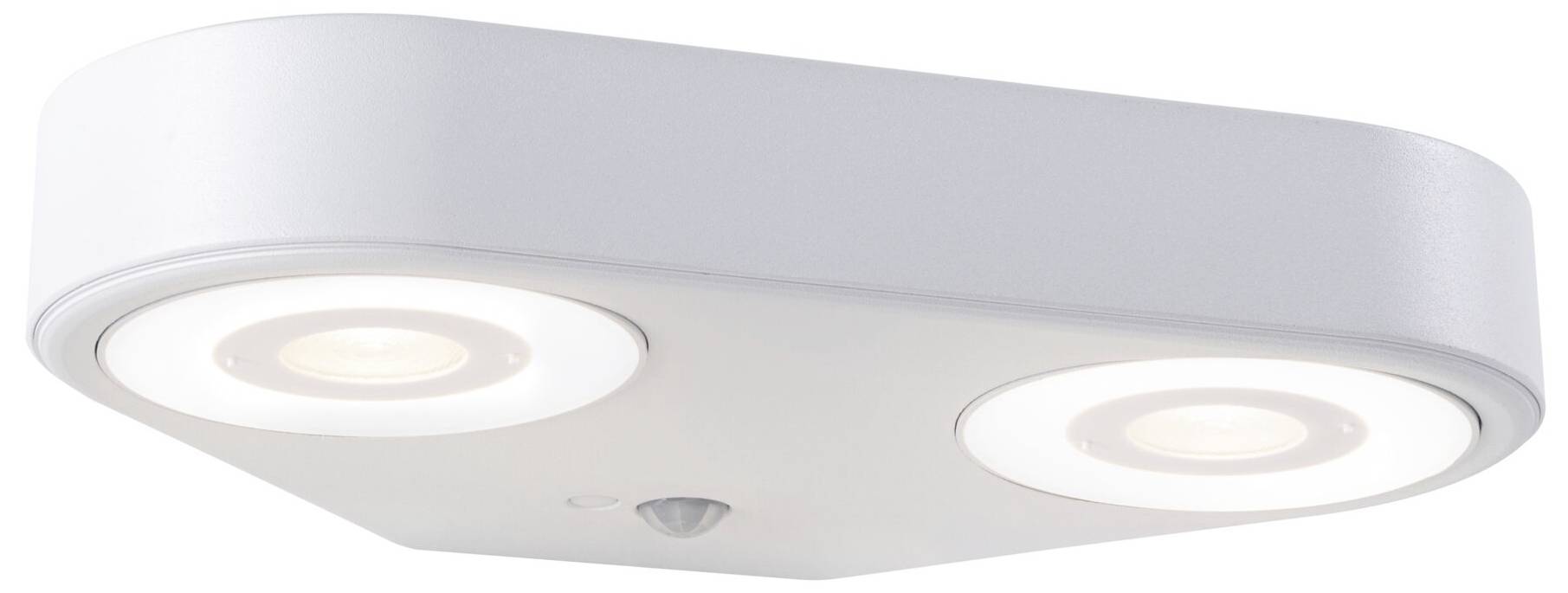 Nowoczesna, kwadratowa lampa sufitowa LED z dwoma okrągłymi źródłami światła, odpowiednia do oświetlenia wnętrz.