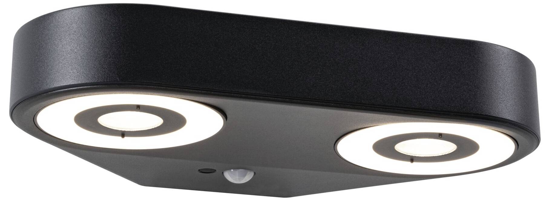 Czarna lampa sufitowa z dwoma okrągłymi światłami LED, centralne czujnik ruchu.