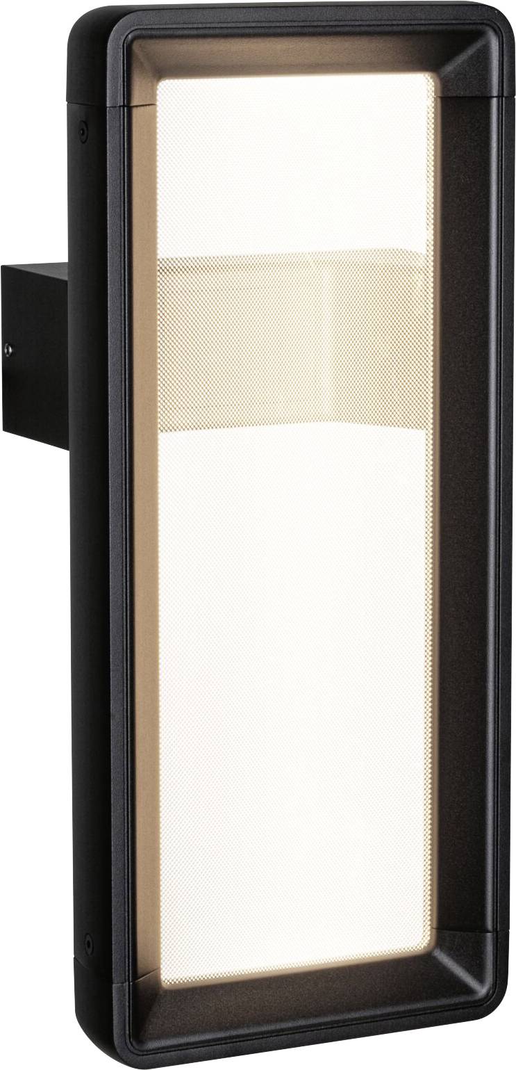 Prostokątna lampa ścienna z czarną ramą i szerokim, jasno świecącym polem świetlnym. Jest zamontowana na ścianie.