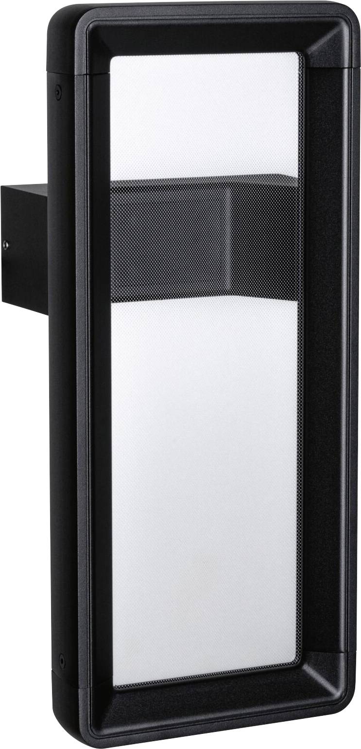 Czarna, prostokątna lampa zewnętrzna z przezroczystym szkłem, zamocowana na uchwycie ściennym. Minimalistyczny design, idealna do nowoczesnych budynków.