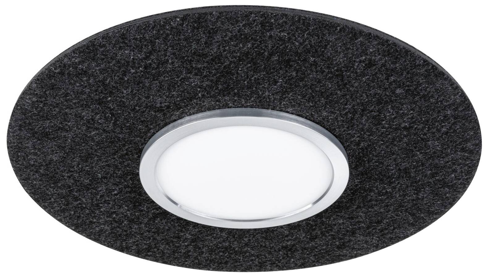 Okrągła lampa sufitowa LED z srebrną ramą i czarną osłoną, zaprojektowana do nowoczesnych wnętrz.