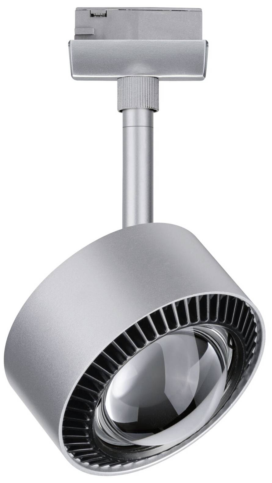 Oświetlenie szynowe z okrągłą, srebrną obudową i regulowaną głowicą. Idealne do nowoczesnego wystroju wnętrz i precyzyjnego oświetlenia.