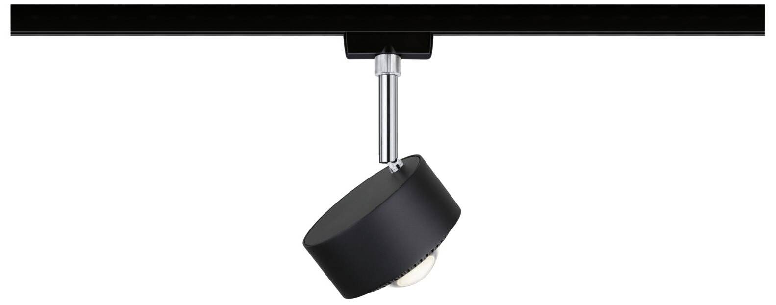 Czarny reflektor sufitowy, obrotowy, montowany na szynie, o nowoczesnym designie, przeznaczony do kierunkowego oświetlania wnętrz.