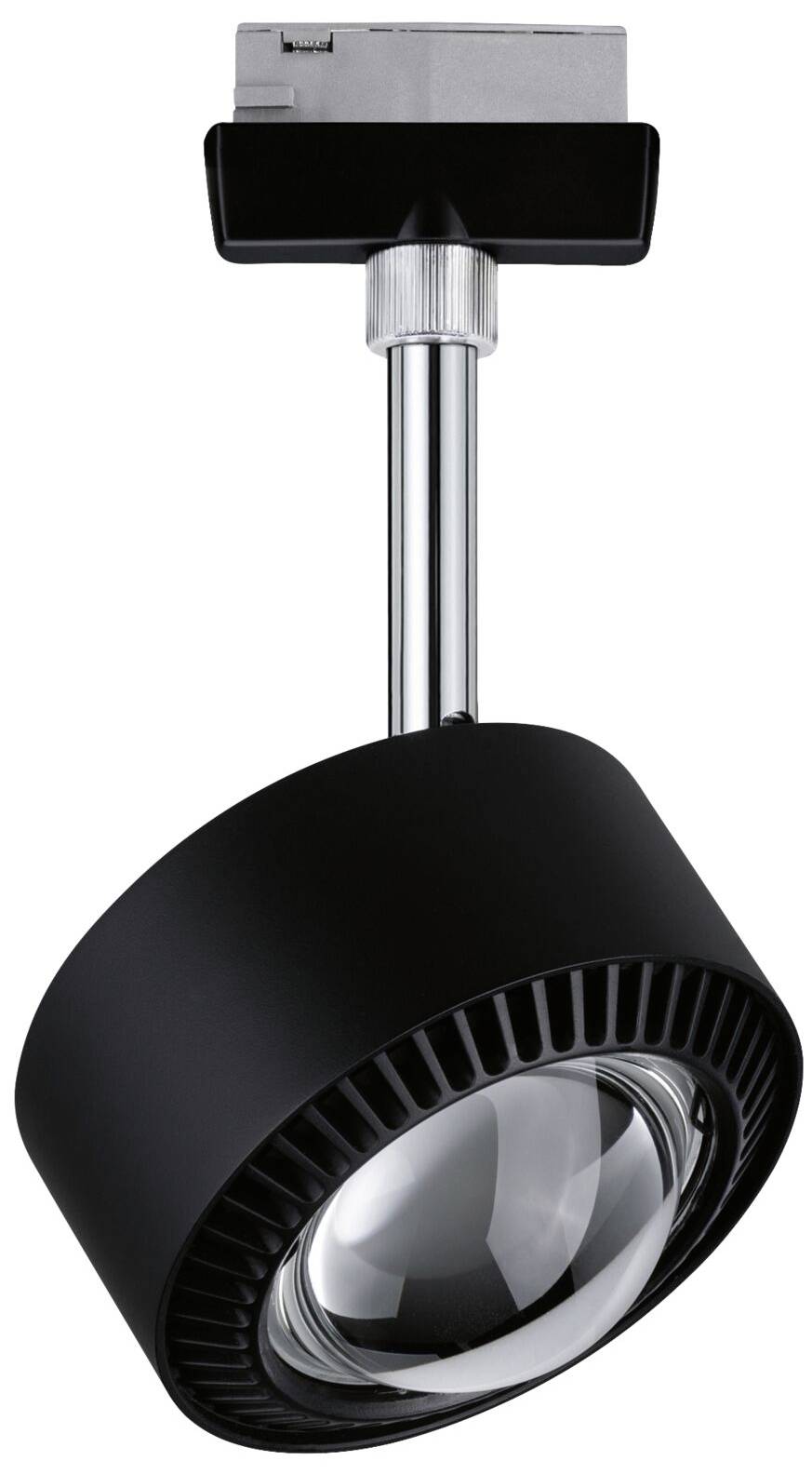 Czarna, okrągła lampa sufitowa z regulowaną głowicą i srebrnym elementem mocującym. Idealna do oświetlenia kierunkowego.