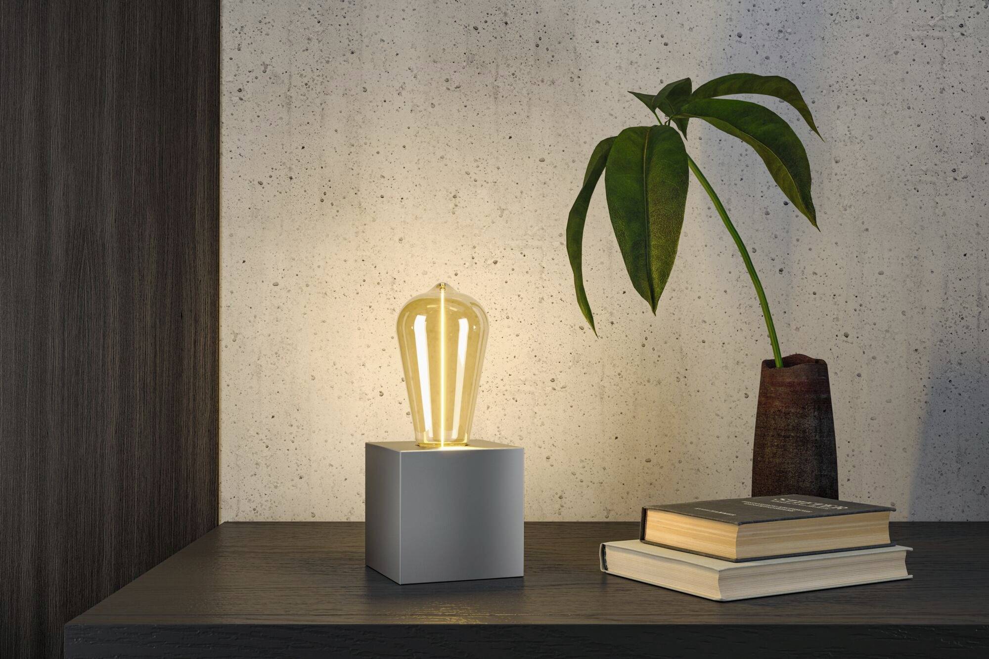 Lampa stołowa z żarówką Edison świeci na drewnianym stole. Obok niej stoi wazon z rośliną i stos książek.