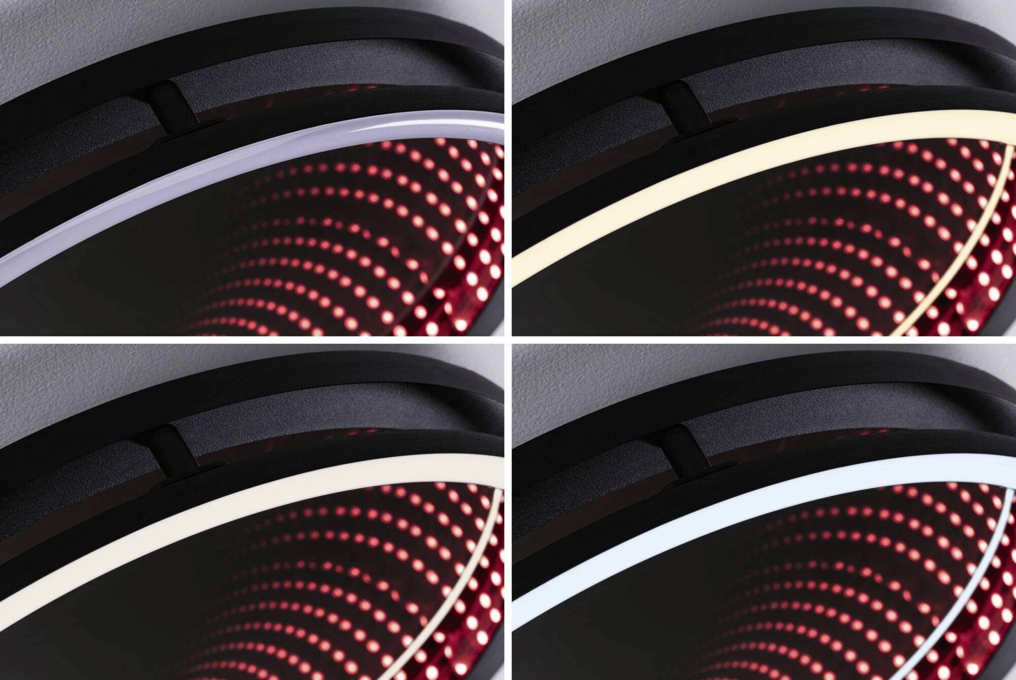 Cztery lampy LED, każda w innym kolorze: czerwonym, białym, żółtym i niebieskim. Światła wykazują zróżnicowanie pod względem jasności i intensywności.