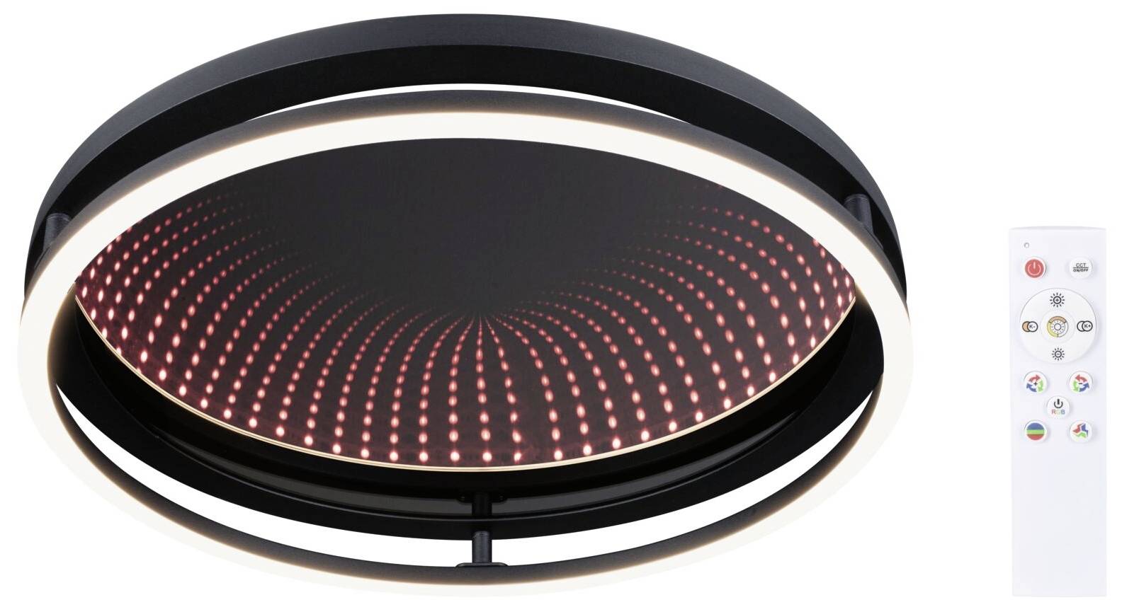 Okrągła lampa sufitowa LED z czarną ramą i czerwonym wzorem świetlnym. W zestawie pilot zdalnego sterowania do kontroli funkcji oświetlenia.