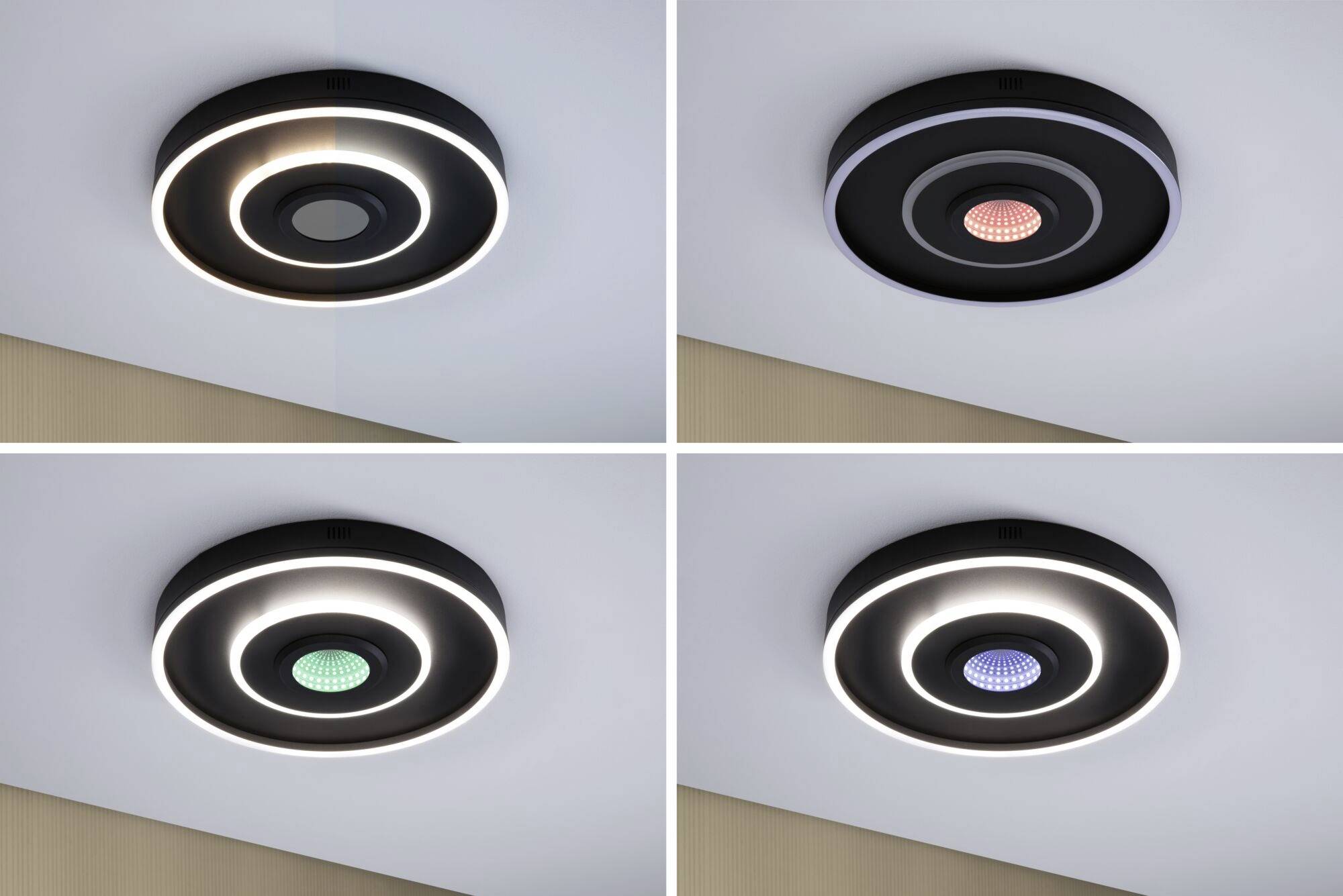 Cztery nowoczesne lampy sufitowe w różnych stylach i kolorach: czarne z białymi oraz czerwonymi, zielonymi lub niebieskimi elementami oświetleniowymi.