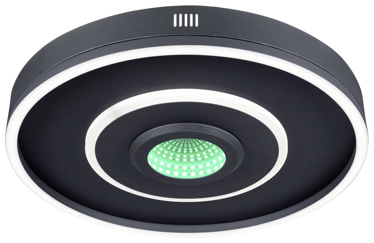 Okrągła lampa sufitowa z czarną obudową i zielonym pierścieniem LED pośrodku. Przeznaczona do stylowego oświetlenia pomieszczenia.