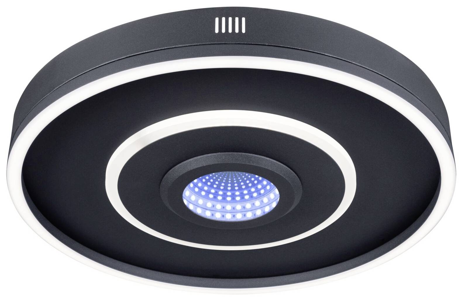 Okrągła lampa sufitowa LED z centralnym niebieskim elementem świetlnym i białymi pierścieniami. Idealna do nowoczesnych wnętrz.