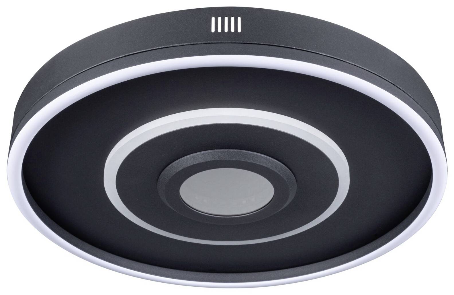 Nowoczesna, okrągła lampa sufitowa z czarną ramą i centralnym punktem, otoczona wieloma koncentrycznymi pierścieniami światła.