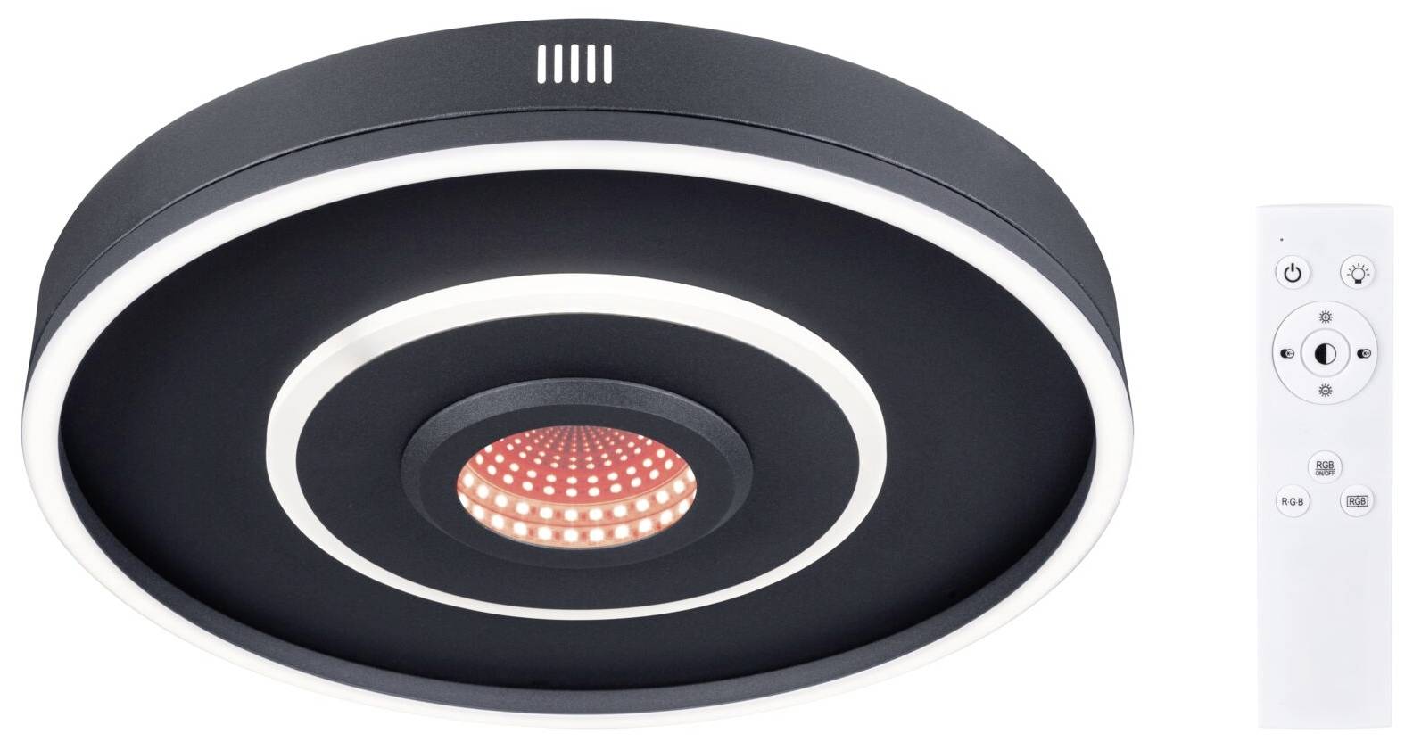 Okrągła lampa sufitowa o nowoczesnym designie, wyposażona w pilot zdalnego sterowania. Główne światło z centralnym, świecącym kręgiem.