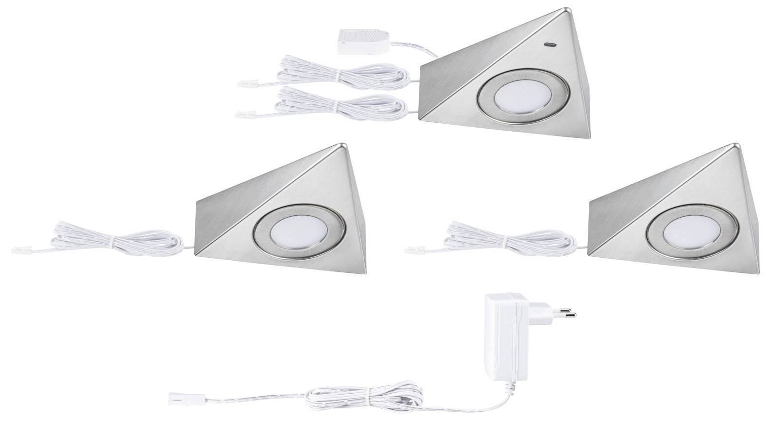 Trzy trójkątne podszafkowe lampy metalowe z przewodem i zasilaczem, odpowiednie do montażu pod szafkami kuchennymi, zapewniające dodatkowe oświetlenie.