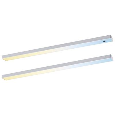 Dwie liniowe lampy LED umieszczone obok siebie, które u góry świecą żółtawym, a u dołu błękitnym światłem. Obie są prostokątne i posiadają włącznik.