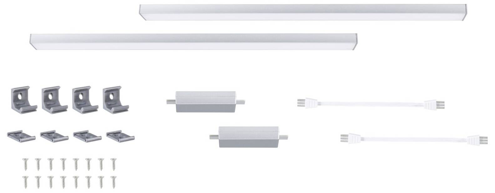 Zestaw lamp LED składający się z dwóch listew świetlnych, uchwytów montażowych, przewodów połączeniowych i śrub, odpowiedni do zabudowy w meblach.