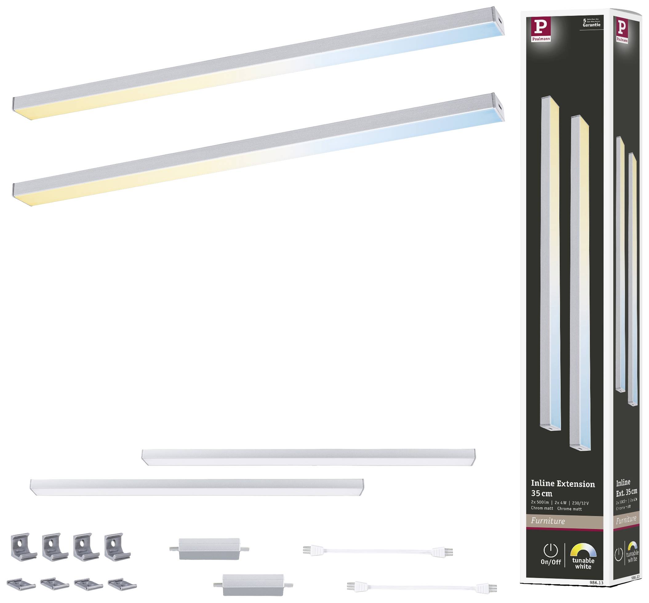 Dwie podłużne lampy LED, ciepłe i chłodne światło, 35 cm, przedstawione z mocowaniami i przewodami, opakowanie po prawej stronie.