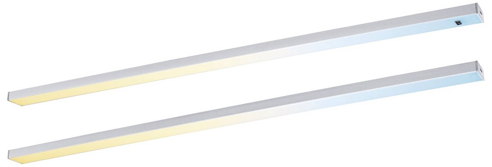 Dwie listwy LED: górna z ciepłym, żółtym światłem; dolna z chłodnym, niebieskim światłem. Są smukłe i nadają się do montażu ściennego.