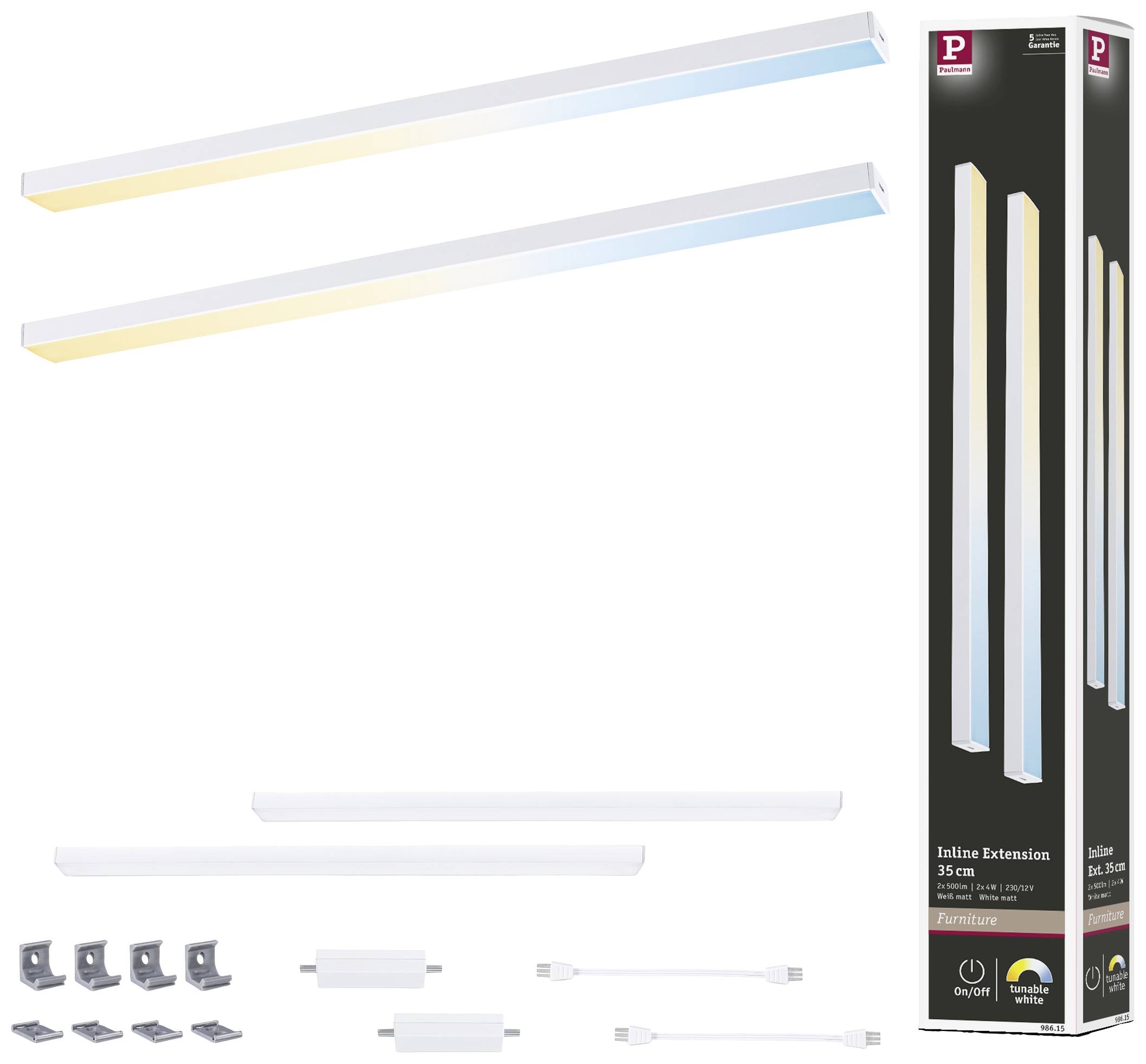 Zestaw dwóch białych listew LED z światłem neutralnym i ciepłym. Zawiera akcesoria montażowe i kabel połączeniowy. Opakowanie prezentuje szczegóły produktu.