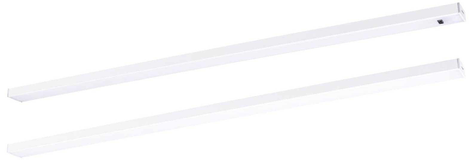 Dwie białe, podłużne lampy LED świetlówkowe w układzie poziomym. Idealne do jasnego, równomiernego oświetlenia wnętrz.