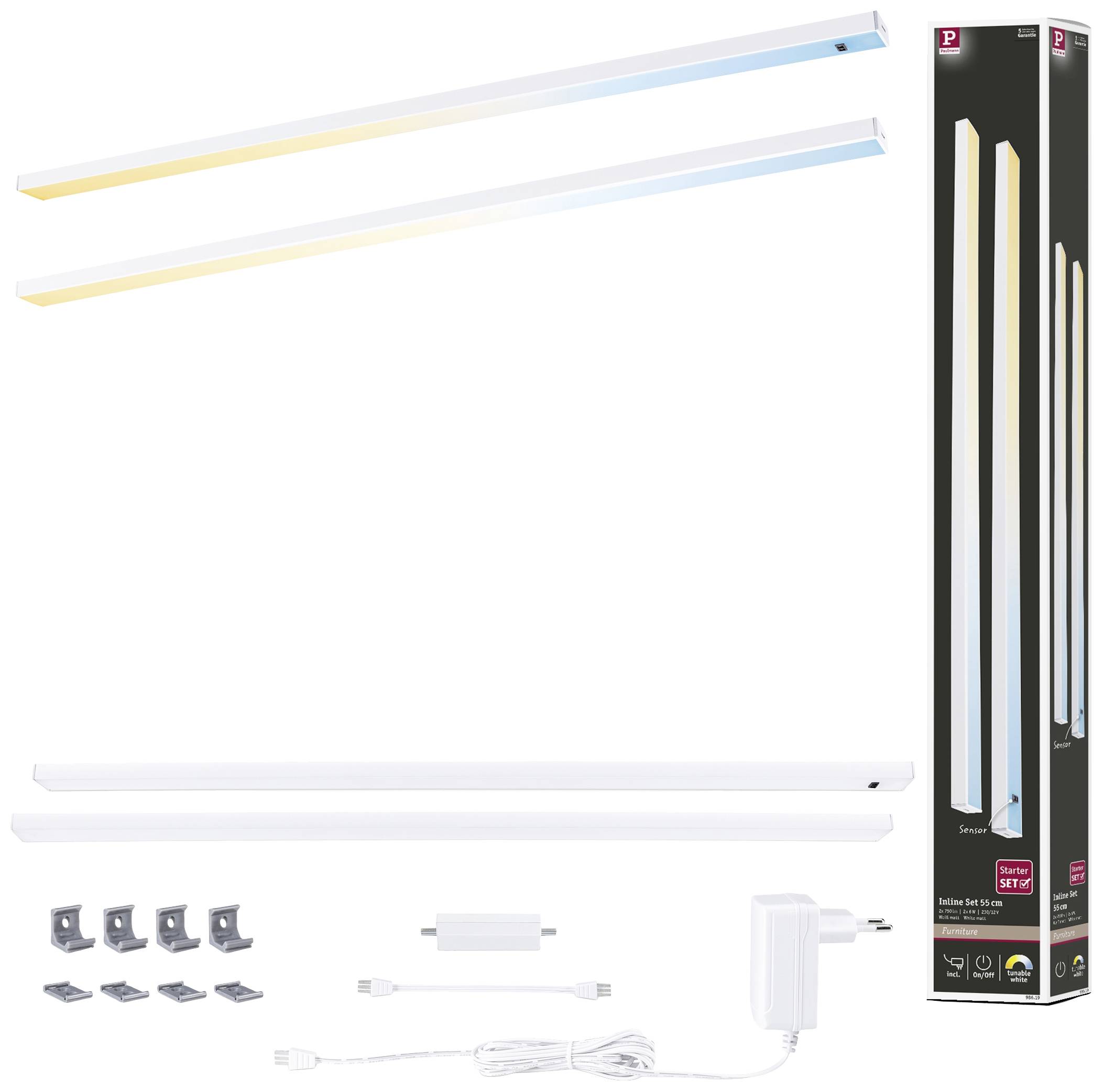 Dwie listwy LED, jedna w ciepłym żółtym, druga w chłodnym niebieskim kolorze, wraz z materiałami montażowymi i kablem zasilającym, przedstawione obok opakowania.