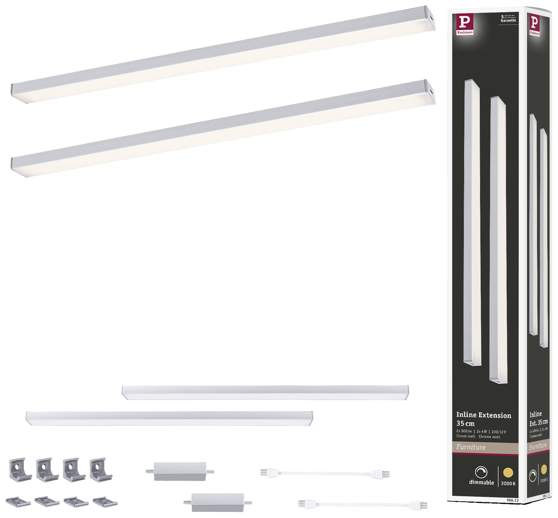 Zestaw lamp LED składający się z dwóch podłużnych opraw świetlnych, materiałów montażowych, elementów łączących oraz opakowania. Odpowiedni do stosowania wewnątrz pomieszczeń.