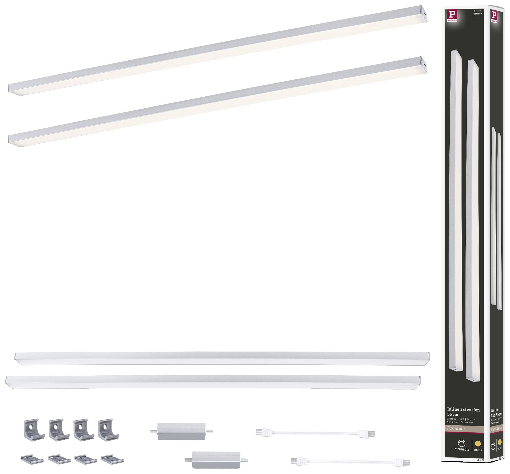 Dwie listwy świetlne LED z osprzętem montażowym i kablami połączeniowymi, zapakowane w podłużne pudełko. Odpowiednie do oświetlenia.