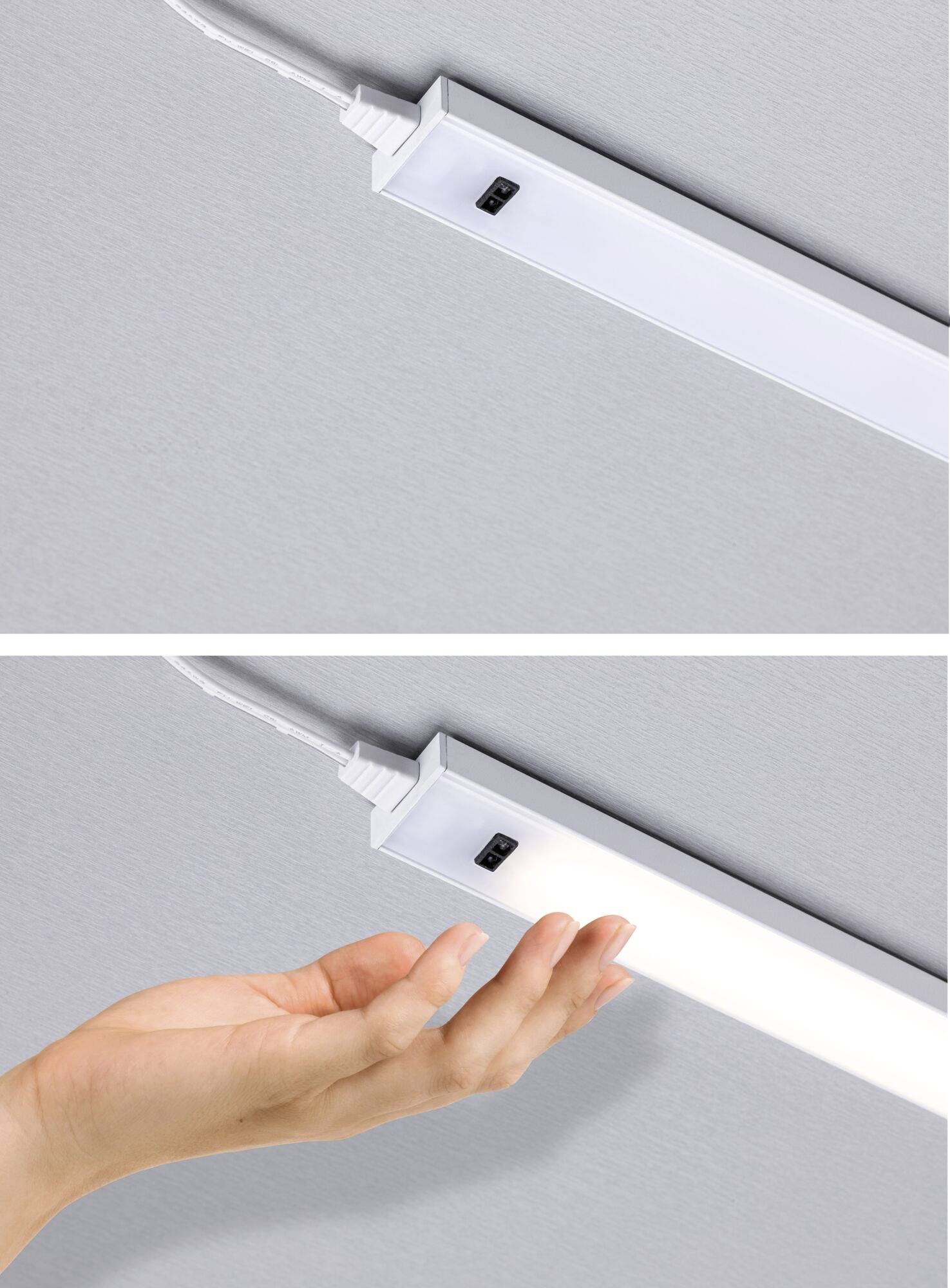 Dwa obrazy przedstawiają listwę LED z włącznikiem. Górny obraz pokazuje listwę wyłączoną, dolny obraz prezentuje listwę włączoną, umieszczoną nad dłonią.