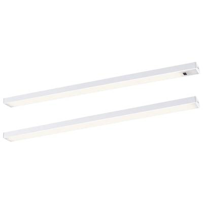 Dwie długie, prostokątne lampy LED w kolorze białym, umieszczone obok siebie.
