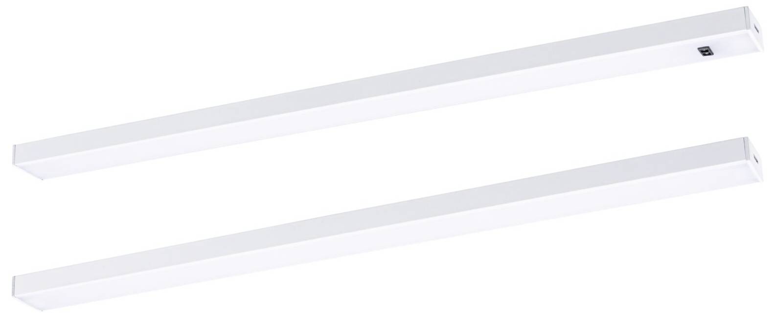 Dwie białe, podłużne lampy LED w kształcie prostokąta, ułożone równolegle, odpowiednie do montażu sufitowego we wnętrzach.